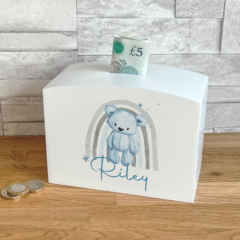 Blue Teddy Bear Alphabet with name Rainbow and Stars Personalised Solid luxury curved top rectangular white money box